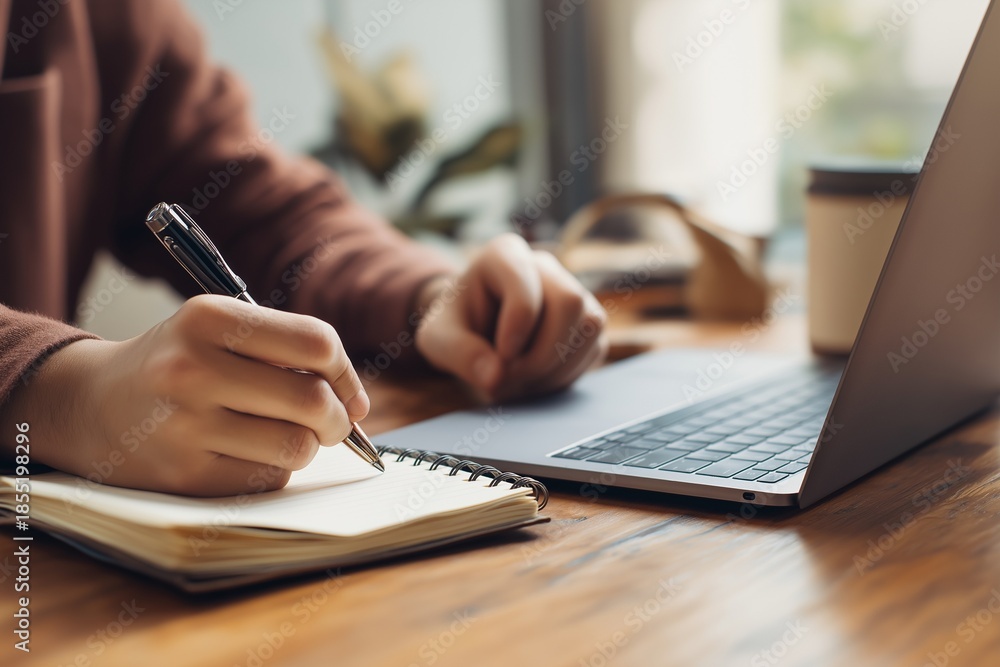 Fototapeta premium Person writing notes while using a laptop in a cozy indoor space during daytime