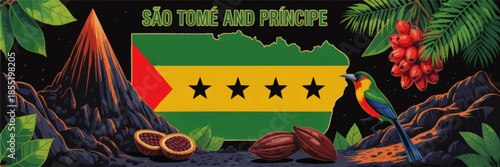 São Tomé and Príncipe vector illustration with island map flag volcano tropical bird cocoa palm fruits on black background