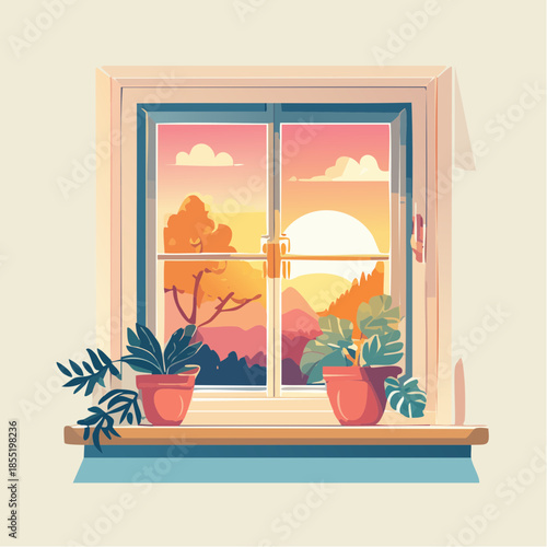 A window view of a sunset landscape with potted plants on the windowsill.