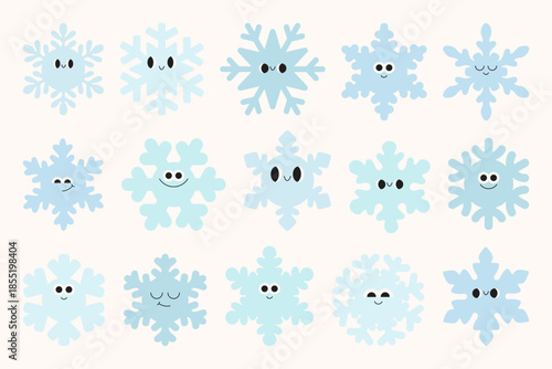 Set of 15 cute cartoon snowflakes with smiling faces in soft pastel blue. Minimal flat winter illustration perfect for children design, holiday decoration, sticker, card, and seasonal graphic use.