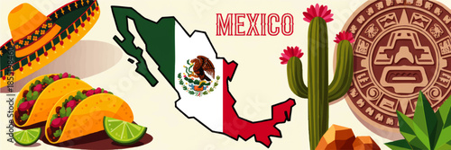 Colorful Mexico travel banner with map, tacos, sombrero, cactus and Aztec calendar illustration for fiesta and tourism design