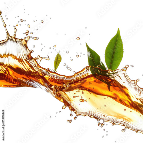 Vibrant amber tea splashing dynamically with fresh green tea leaves against a stark black background.