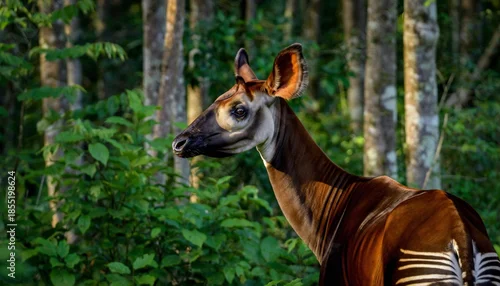 Fototapeta samoprzylepna Rare Okapi in Dappled Sunlight in the African Rainforest