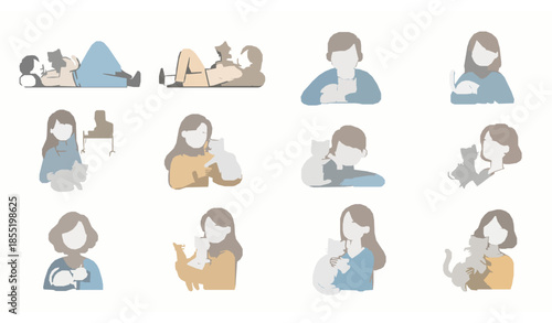 Cute people bonding with cats vector illustration set of love and companionship