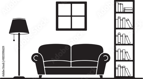 Black and white of a living room with a couch, lamp, and bookshelf sofa