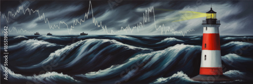 Lighthouse guiding ships through stormy ocean waves with financial stock market graph overlay, resilience and risk management concept illustration