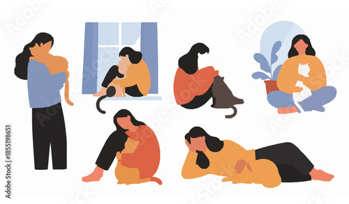 Human and cat companionship cute vector illustrations showing love and care