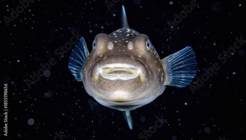 Curious Pufferfish Portrait in Dark Underwater Scene