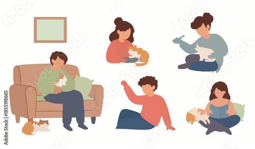 Cute people and cats bonding vector illustration set of daily life moments