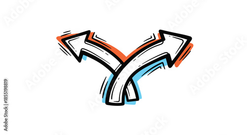 Simple graphic illustration of two curved arrows crossing each other in opposite directions with orange and blue highlights on a white base.