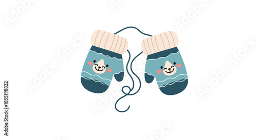 Adorable pair of blue winter mittens for children featuring cute animal faces with pink cheeks and a connecting string on a white background.