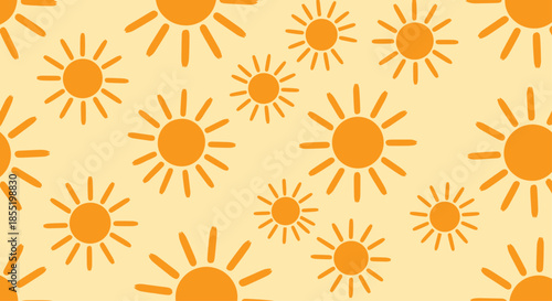Bright and cheerful seamless pattern featuring various hand-drawn sun icons in yellow and orange on a light cream background for summer.