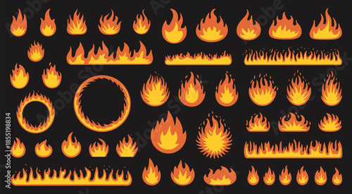Fire flames set, featuring fiery geometric frames around circle, square, and triangle shapes with burning and flying light effects, isolated on black background for dramatic visual design
