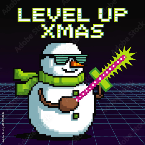 Retro pixel snowman with neon sword and sunglasses, cyberpunk Christmas gamer art with Level Up Xmas text on grid background