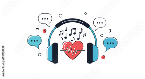 Creative illustration featuring large blue headphones surrounding a heart with a pulse line and music notes and speech bubbles for health.