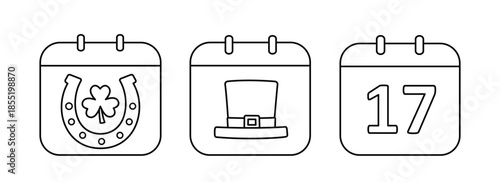 St.Patrick's Day calendar outline.
March 17 calendar children's coloring pages and templates.
White background.
