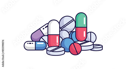 Large pile of diverse medical pills, tablets, and capsules in various colors and shapes grouped together on a clean white background for pharma.
