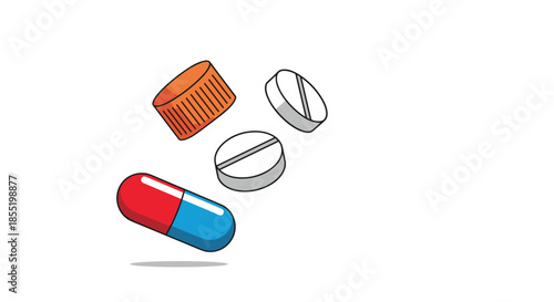 Dynamic illustration of various medical pills and a capsule falling through the air on a plain white background for healthcare concepts.