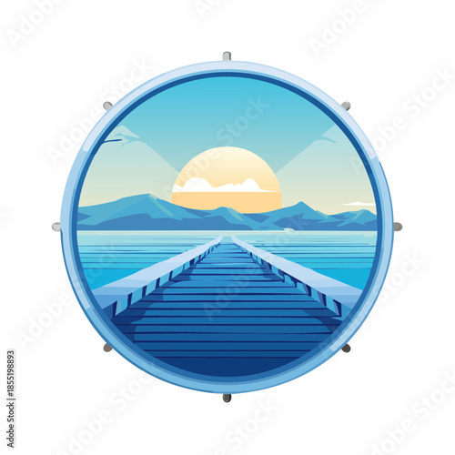Illustration of a pier leading to a sunset over mountains and water.