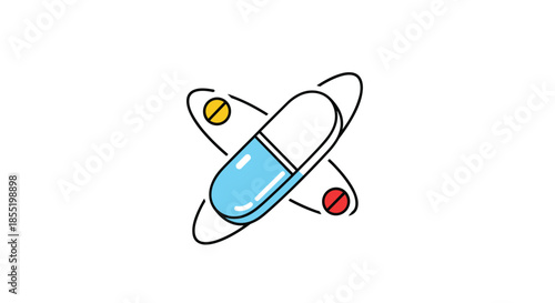 Conceptual illustration of a large blue and white capsule with smaller pills orbiting around it like electrons in an atom for medical science.