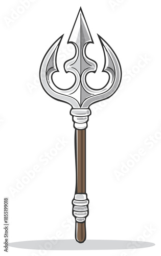 Mythical trident weapon with ornate prongs and wooden shaft on a white background