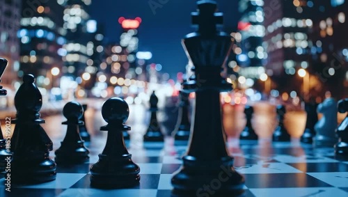 Wallpaper Mural Chess Pieces on a Board with City Lights in the Background. Torontodigital.ca