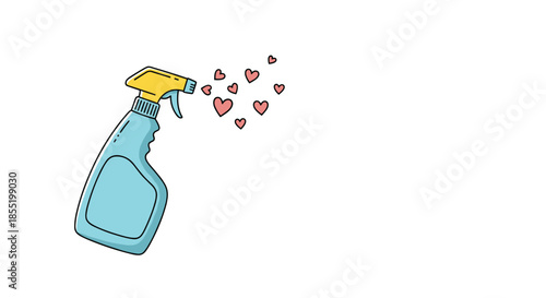 Whimsical illustration of a blue cleaning spray bottle emitting pink hearts instead of liquid to represent love for tidiness and care.