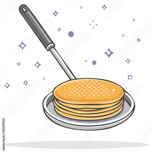 Stack of fluffy pancakes on a spatula, ready to be served or flipped
