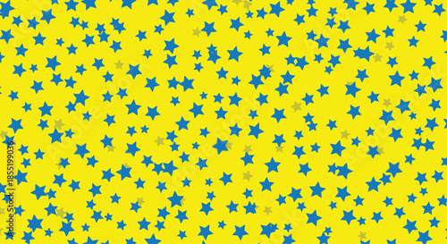 Bright and cheerful pattern of small blue stars scattered across a vibrant yellow background for festive or nursery decor themes.