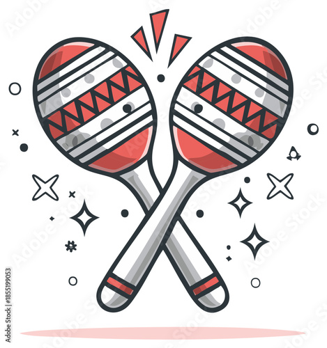 Crossed maracas illustration with red and white patterns, music concept.