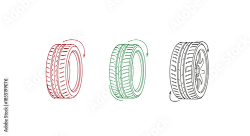 Set of three car tire illustrations with colored rotation arrows in red, green, and black to indicate wheel alignment or motion.