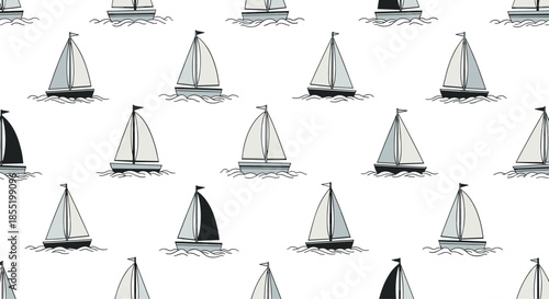 Nautical seamless pattern featuring small minimalist sailboats with white and black sails floating on gentle sea waves.
