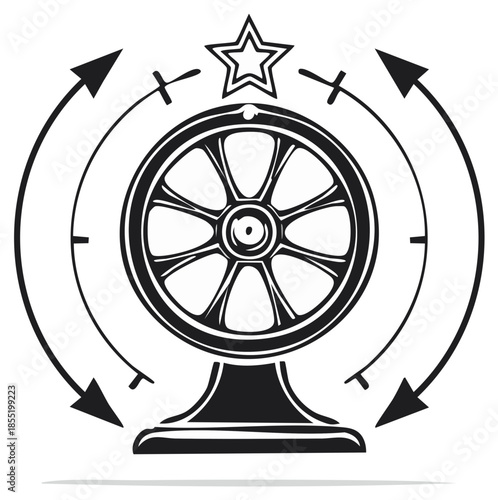 Wheel of Fortune in Silhouette with Arrows and Star Element, Isolated