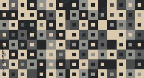 Geometric background pattern featuring a grid of nested squares in a palette of dark gray, beige, and slate blue colors.