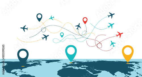 Conceptual illustration of global travel showing airplane icons with flight paths and location pins over a world map silhouette.