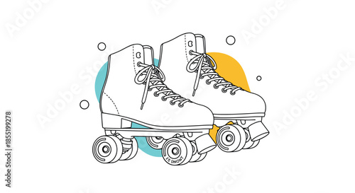 Illustration of classic four-wheel roller skates rendered in black line art with soft blue and yellow abstract shapes in the back.