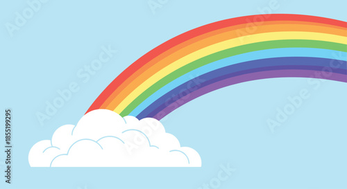 Vibrant seven colored rainbow arching gracefully from a fluffy white cloud against a clear light blue sky background.