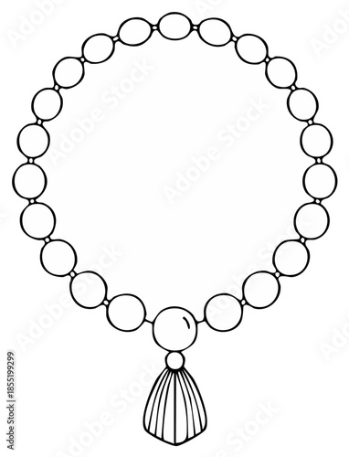 A decorative circular string of large beads with a tassel pendant on a plain background