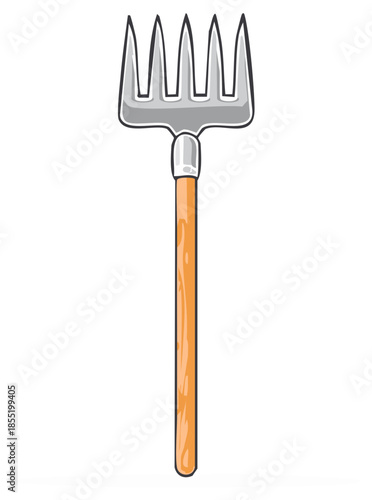 Hand Drawn Garden Rake with Wooden Handle on White Background