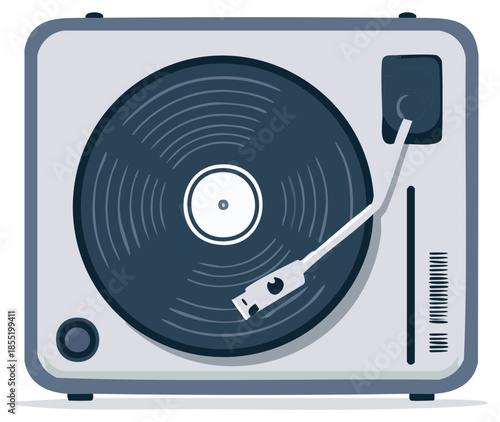 Vintage record player with spinning vinyl disc and needle for analog audio playback