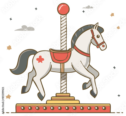 Cheerful cartoon carousel horse illustration with stars and clouds