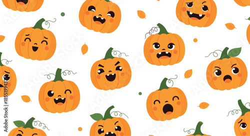 Seamless autumn pattern of cute cartoon pumpkins with various facial expressions and small falling leaves on a white background.