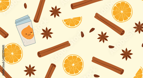 Cozy autumn pattern featuring cinnamon sticks, star anise, orange slices, and a takeaway coffee cup with a happy face.