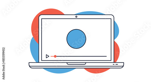 Minimalist illustration of a laptop computer displaying a video player interface with a play button on the screen over abstract circles.