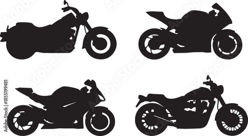 Four black silhouette motorcycles in different styles on white background motorbike