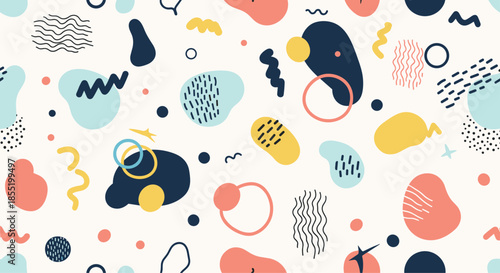Modern seamless pattern of abstract organic shapes, squiggles, and dots in a palette of navy, coral, yellow, and light blue.