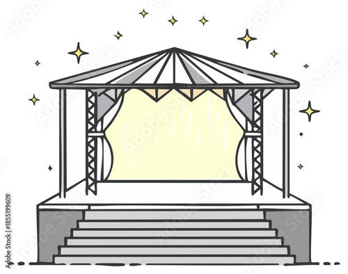 Outdoor stage with curtains and decorative stars illuminated for performance or event