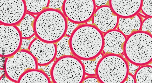 Seamless tropical pattern of vibrant dragon fruit slices showing the characteristic white flesh with tiny black seeds and pink skin.