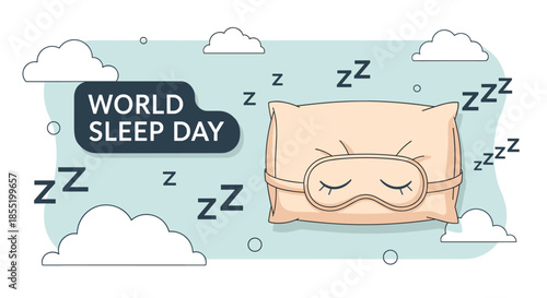 World sleep day illustration featuring a soft pillow wearing a sleeping mask surrounded by clouds and floating zzz letters.