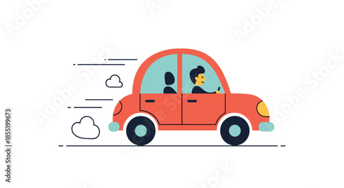 Dynamic cartoon illustration of a happy man driving a small red car rapidly with motion lines and clouds in the background.